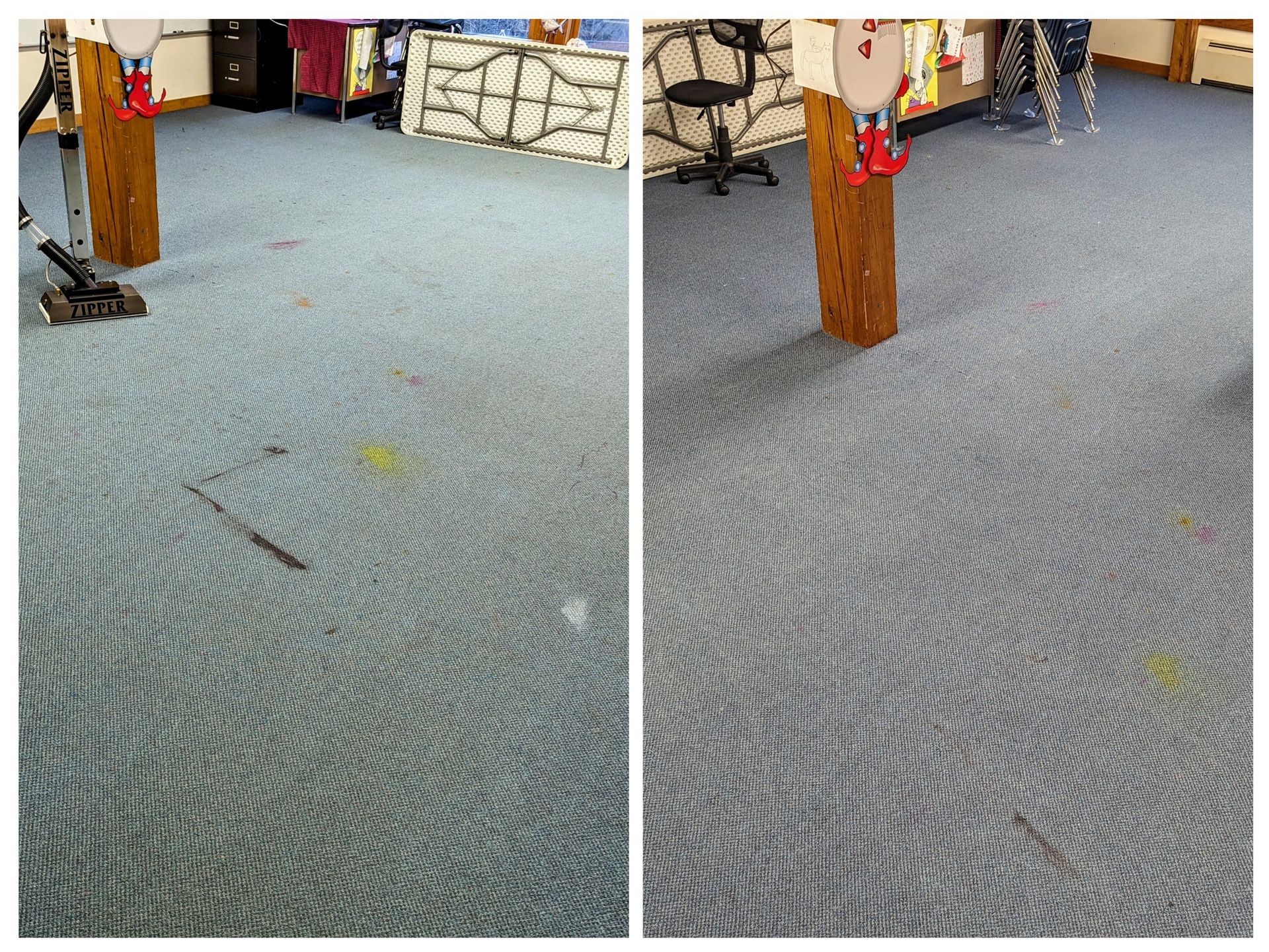 A before and after photo of a carpeted floor