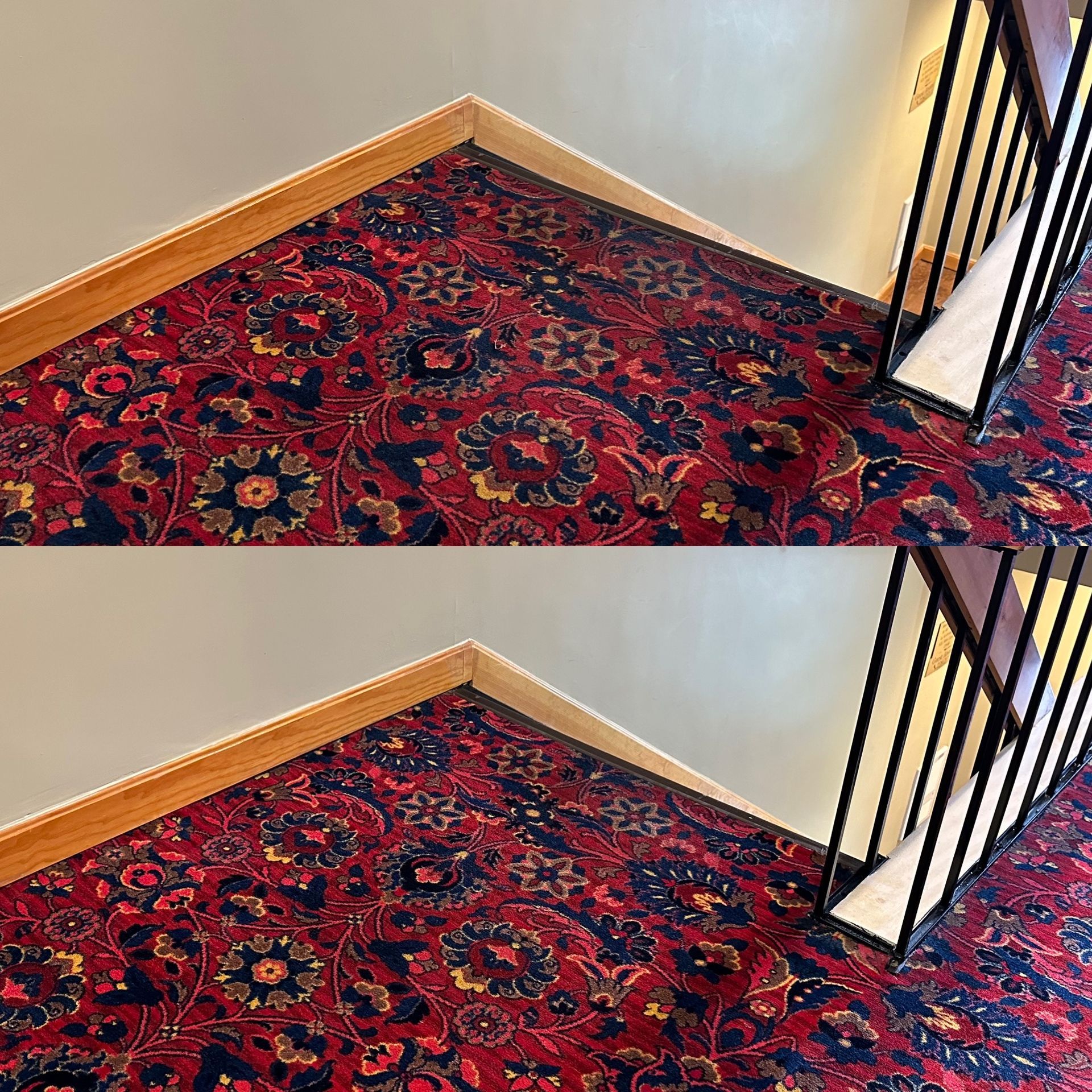 A before and after photo of a red rug on a staircase.