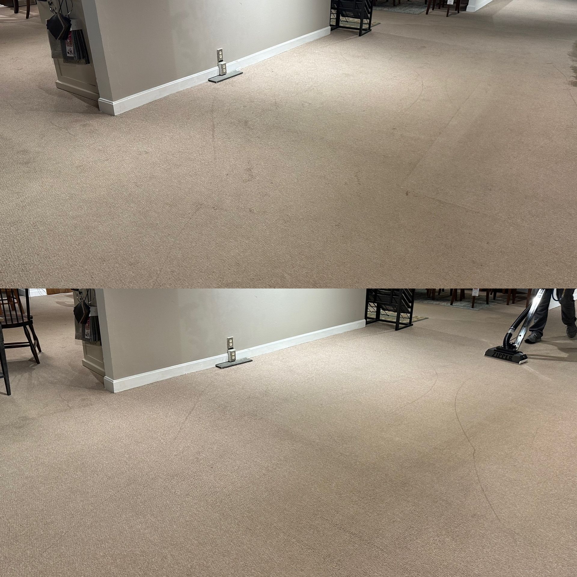 A person is cleaning a carpeted floor with a vacuum cleaner.