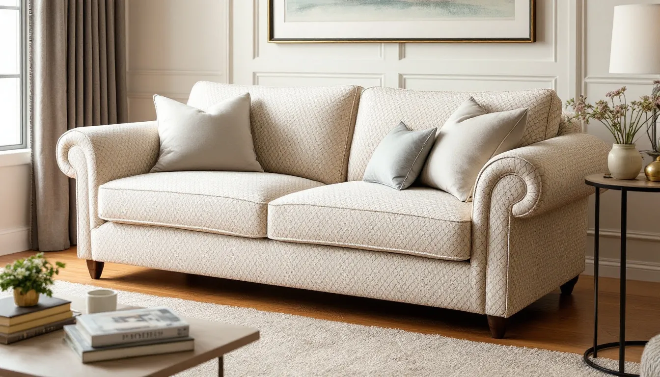 A plush, inviting sofa with a mix of soft fabric and leather upholstery is displayed, showcasing its clean lines and comfortable cushions. The image represents the importance of professional upholstery cleaning services to maintain the sofa's appearance and protect it from dirt and stains.