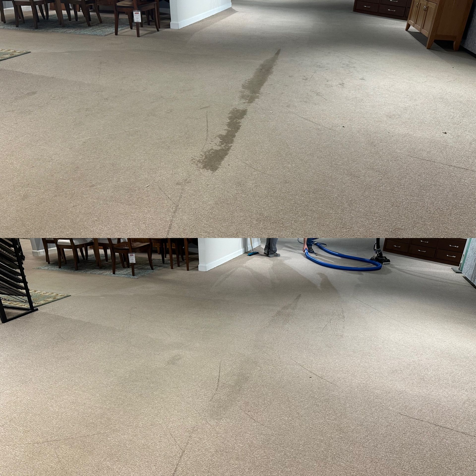 A before and after picture of a carpeted floor in a living room.