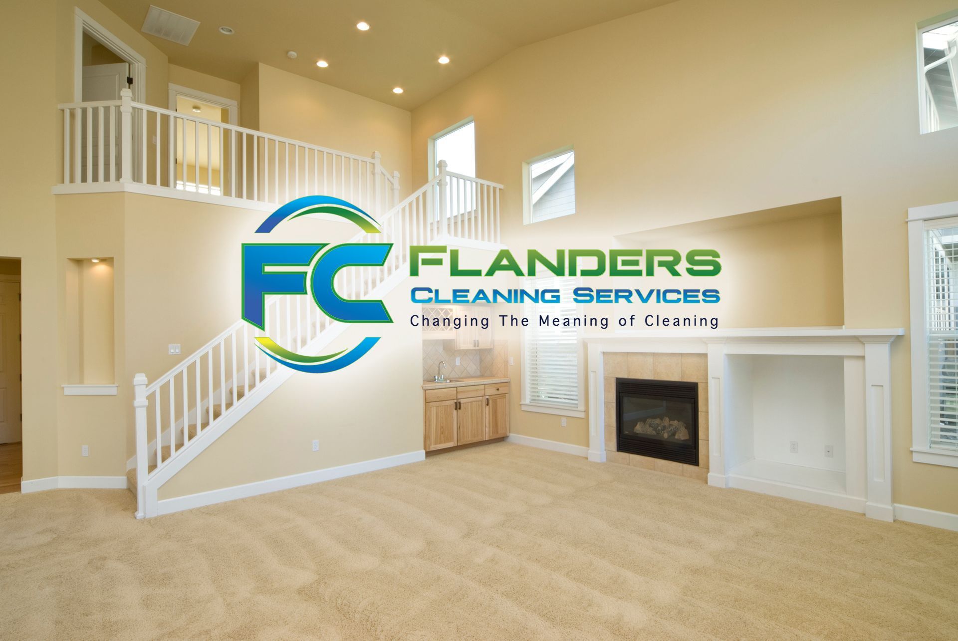 An advertisement for flanders cleaning services is displayed in a living room