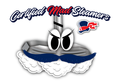 A logo for certified mad steamers with a cartoon character