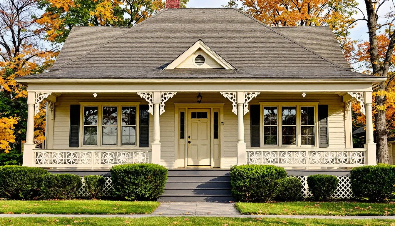 A small house with a porch and a gray roof