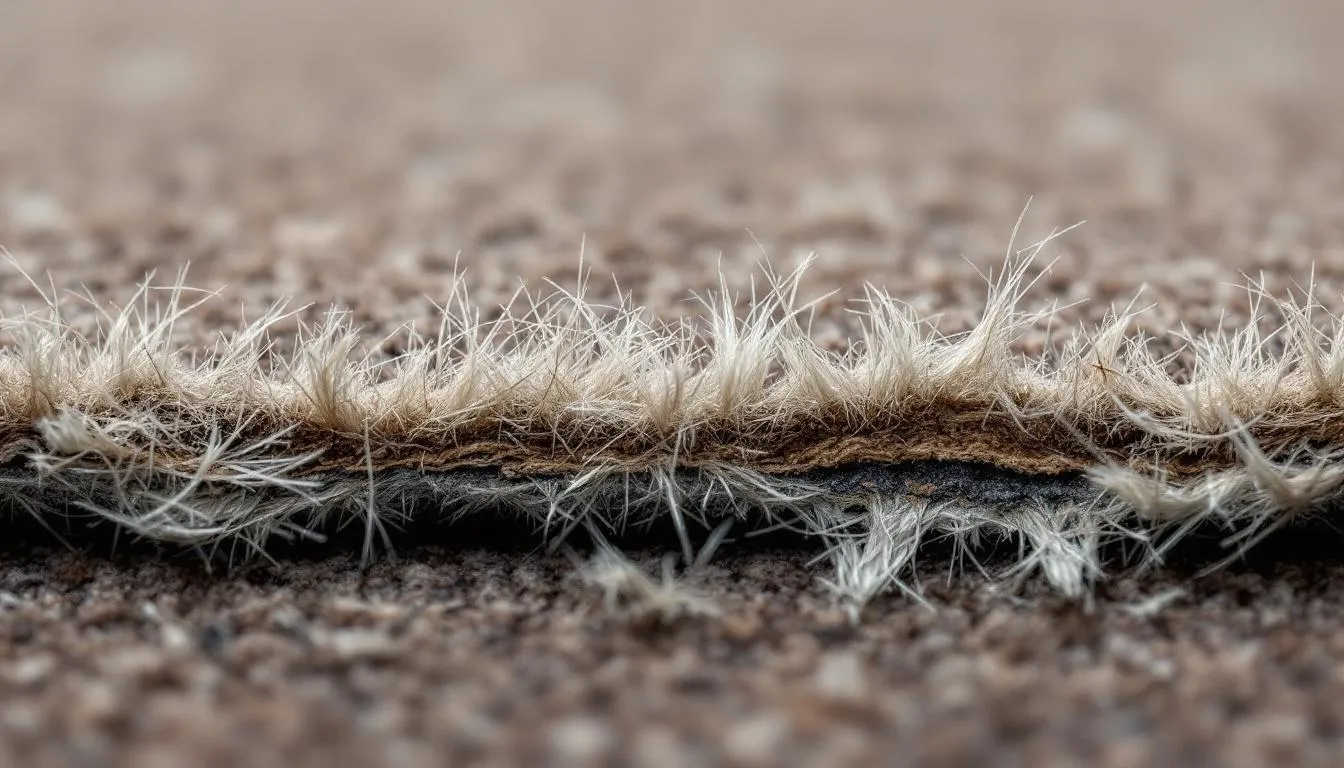 A close-up view of damaged carpet fibers reveals significant delamination and fraying, highlighting the impact of tough stains and pet messes. This image underscores the importance of professional carpet cleaning services, as DIY methods often fail to effectively treat stubborn stains and maintain carpet quality.