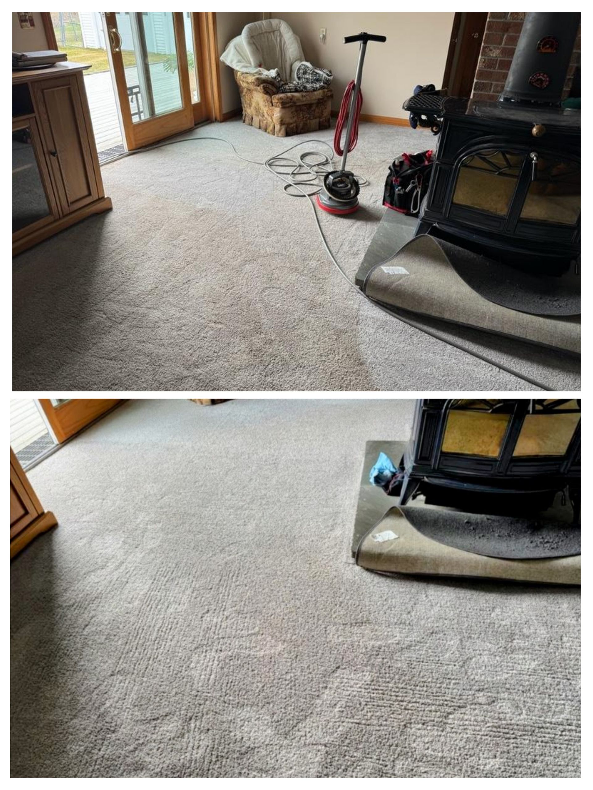 A before and after picture of a carpet being cleaned in a living room.
