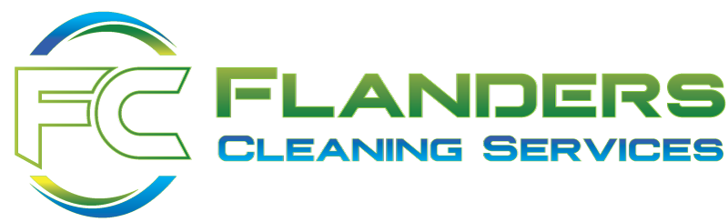 The logo for flanders cleaning services is green and blue