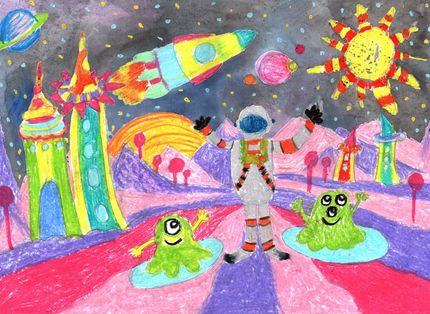 A child 's drawing of an astronaut in space with aliens and a rocket.