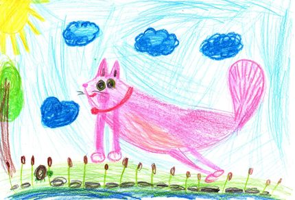 A child 's drawing of a pink cat walking across a bridge.