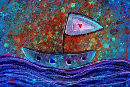 A colorful painting of a boat with a red sail in the ocean.