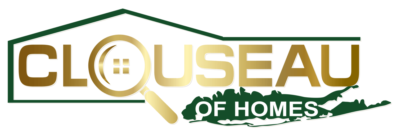 CLOUSEAU of Homes logo with gold text, magnifying glass, and green roofline graphic