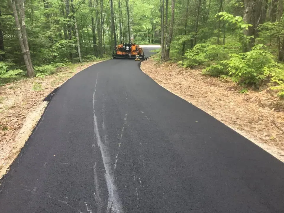 A person is driving down a road in the woods.