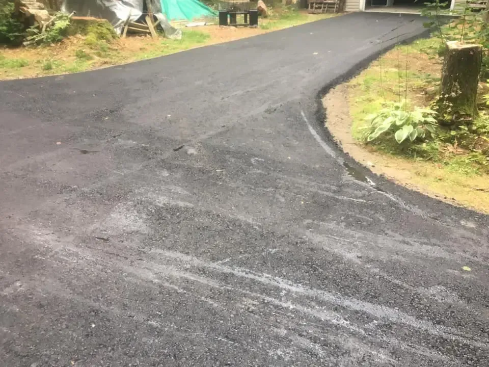 A black asphalt road with a curve in the middle of it.