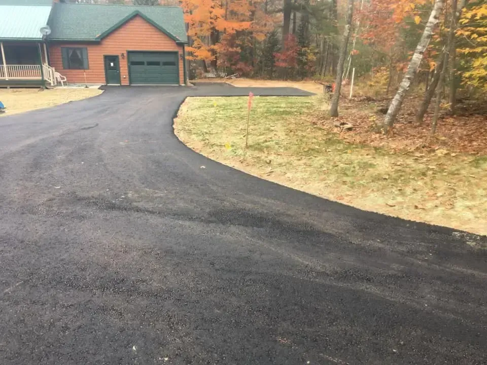 A driveway leading to a house with a green garage door