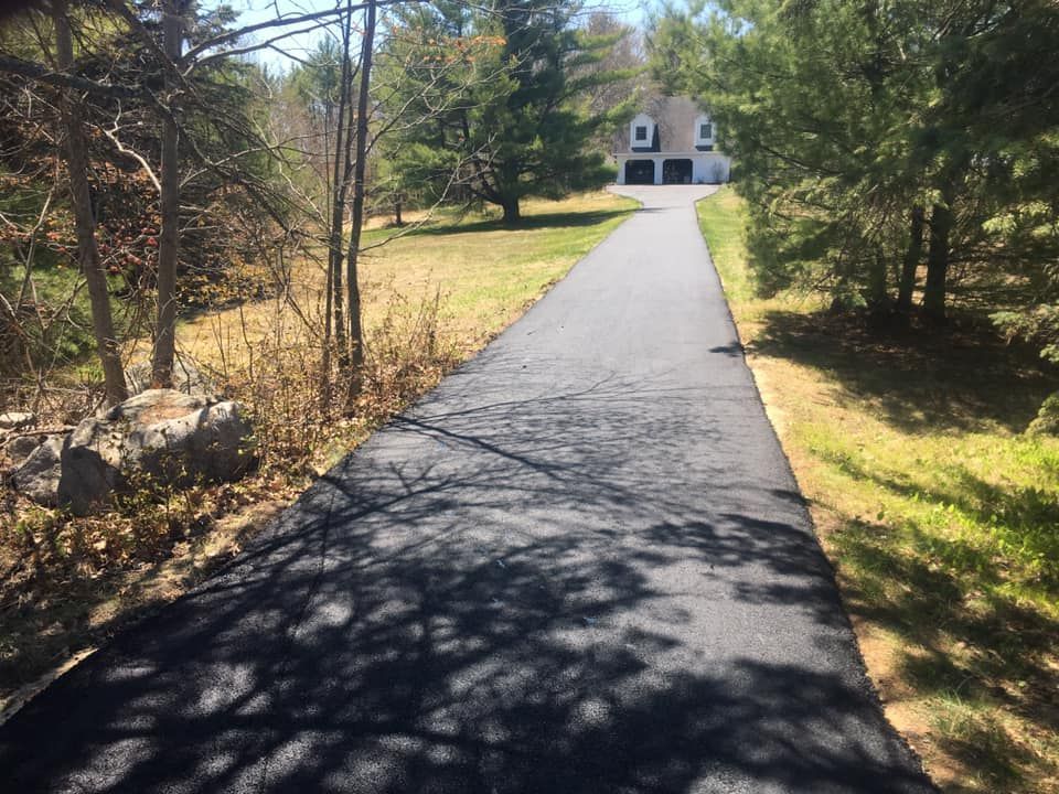 A driveway leading to a house surrounded by trees and grass.