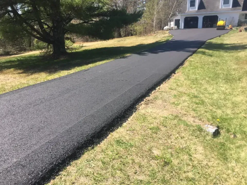 A driveway leading to a house with a tree on the side of it