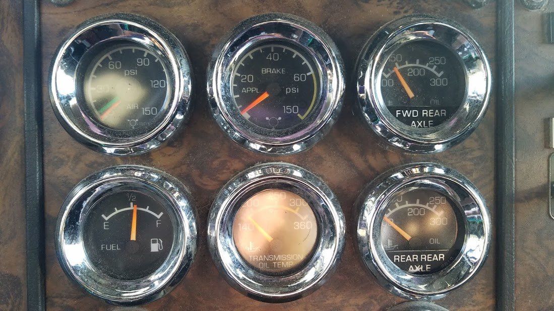 A close up of a dashboard with a bunch of gauges on it