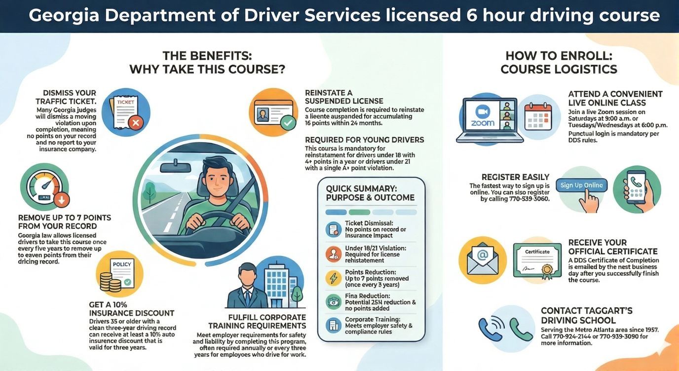 Infographic about a 6-hour driver's course in Georgia. It covers benefits, how to enroll, and course logistics.