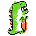 A drawing of a green and orange dinosaur with its mouth open.