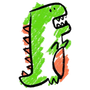 A drawing of a green and orange dinosaur with its mouth open.