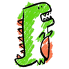 A drawing of a green and orange dinosaur with its mouth open.