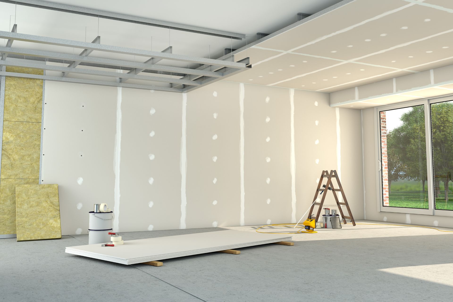 Interior en construcción; instalación de paneles de yeso, aislamiento, escalera y estructura del techo visibles.
