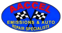 AACCEL Emissions & Auto Repair Specialists logo in red and yellow on a blue oval background | AACCEL Emissions & Auto Repair Specialists