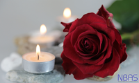 A red rose is sitting next to three lit candles