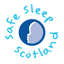 The logo for safe sleep scotland is a blue circle with a face in it.