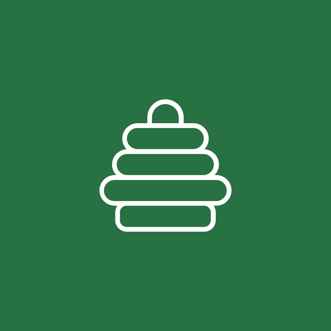 A line icon of a stack of rings on a green background.