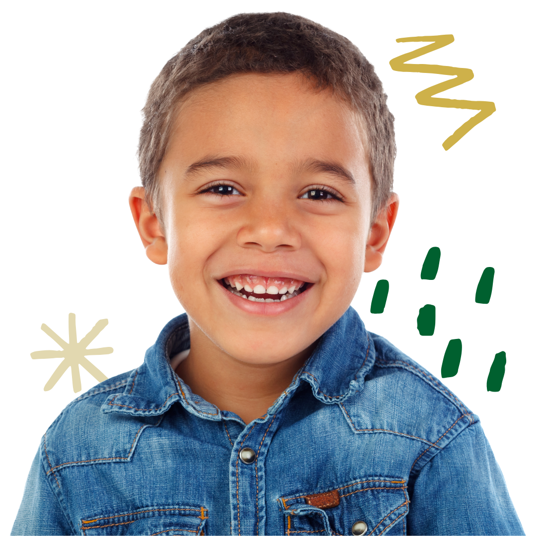 Smiling child in a denim shirt, with green and gold doodles.