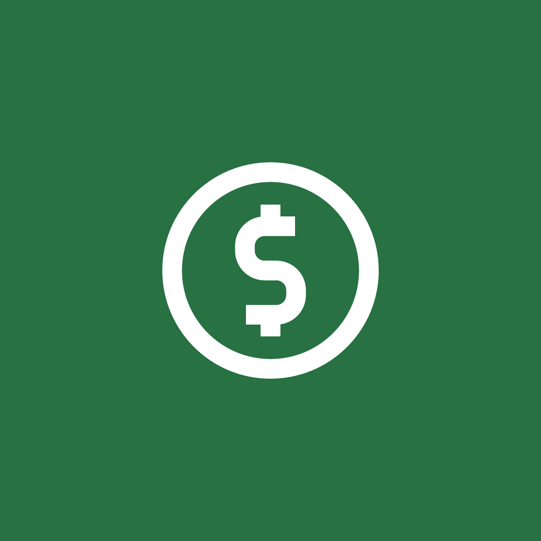 A white dollar sign in a green circle on a green background.