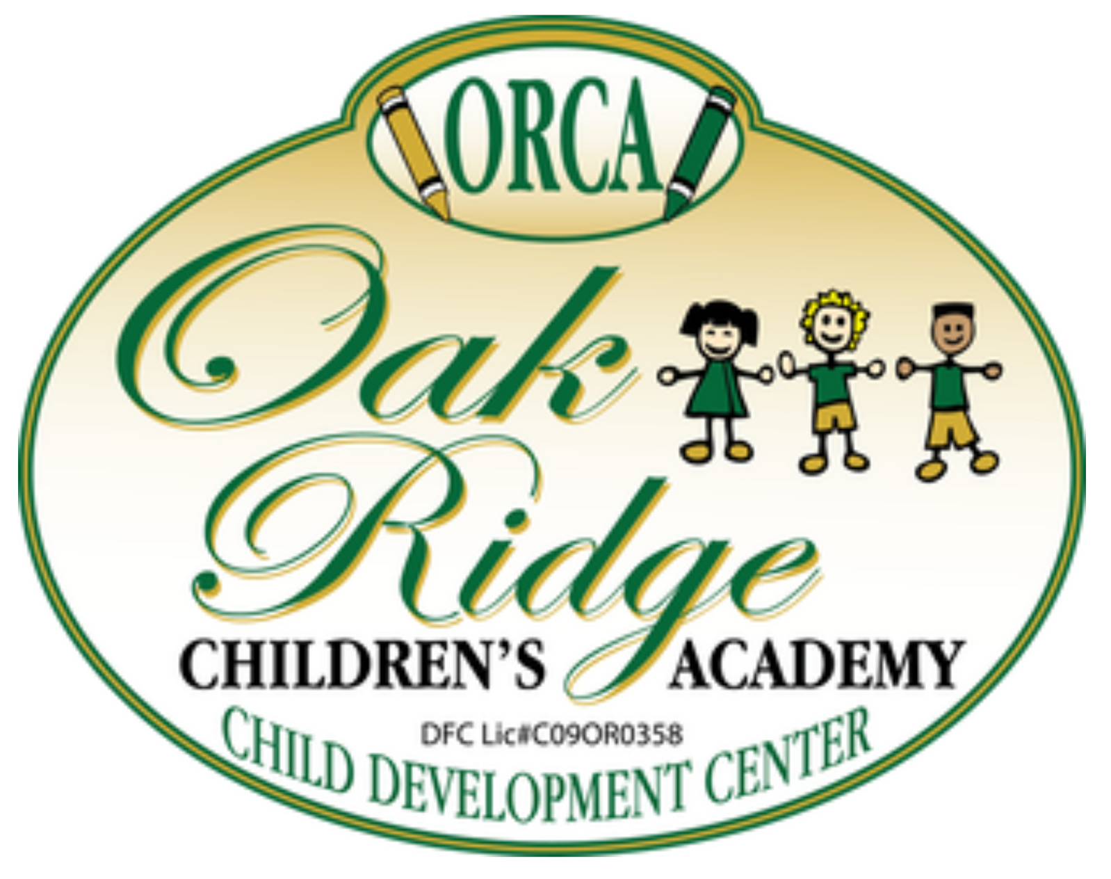 Oak Ridge Children's Academy logo: Oval with text and cartoon children.
