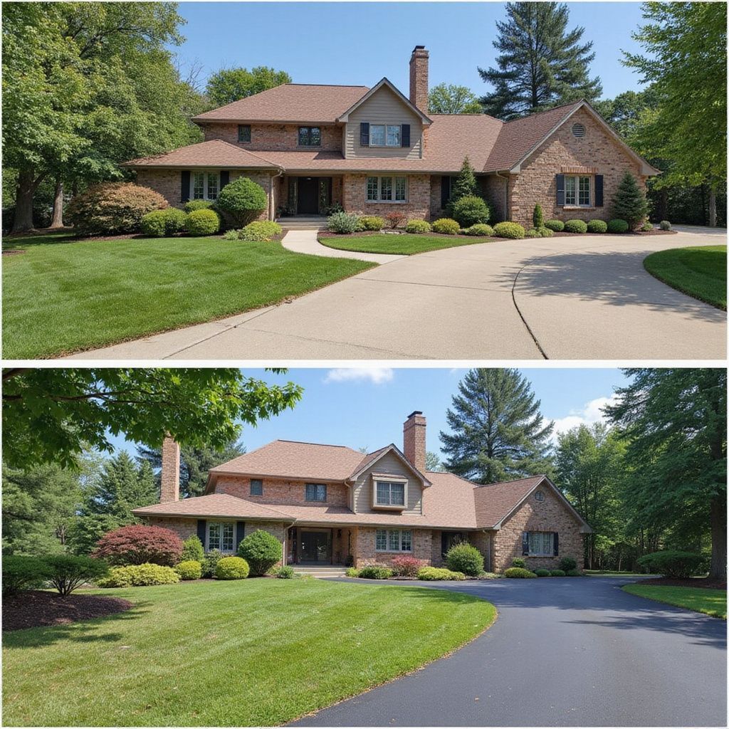 Two photos: house before and after driveway sealing. Lush green lawn, brick exterior, and a sunny day.