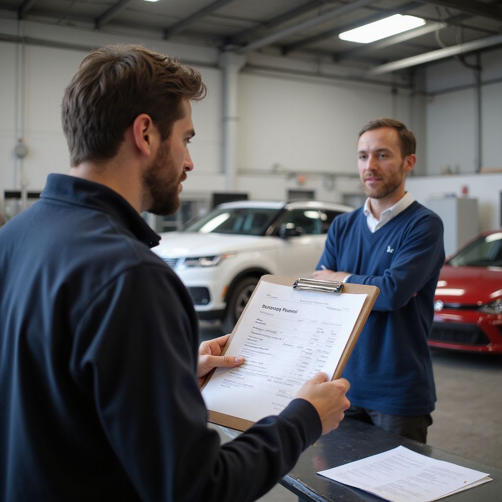 Mechanic showing a clipboard to a customer in a garage; a white SUV and red car are in the background.