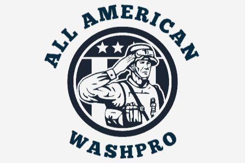 Logo: Soldier saluting in a navy blue and white circular design with the words “All American Washpro.”