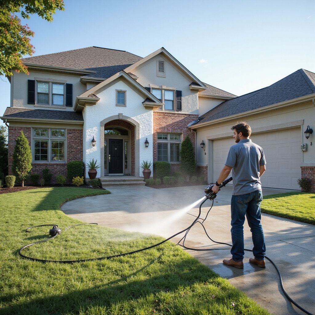 Man power washing driveway in front of a two-story house on a sunny day.