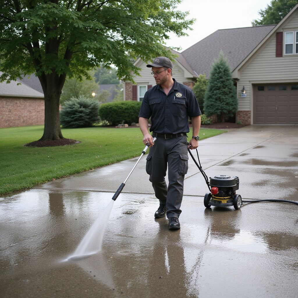 Man power washing a driveway with a pressure washer in front of a house.