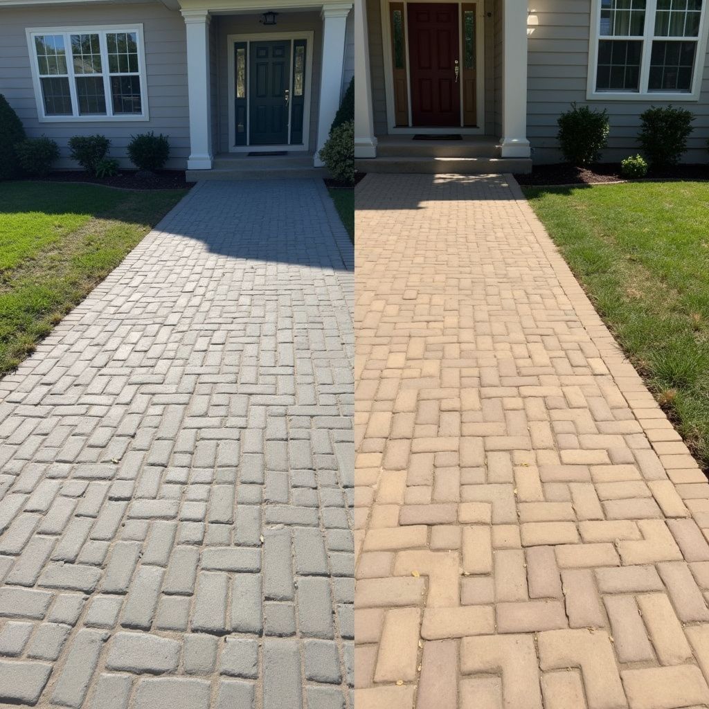 Sidewalk, before and after cleaning. Left side gray, right side tan. Pathway leads to a house with two doors.