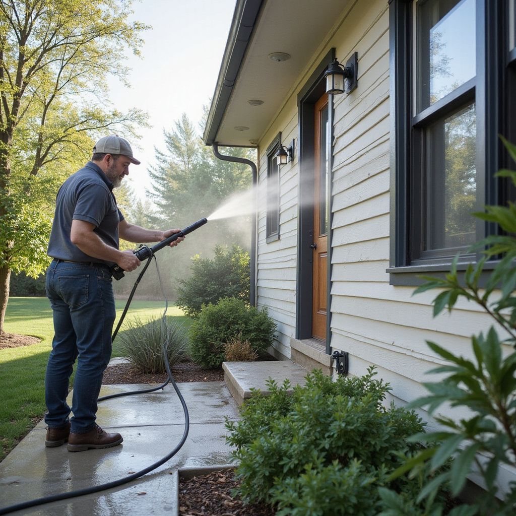 Man power washing a house exterior. Gray siding, black trim. Water spraying.