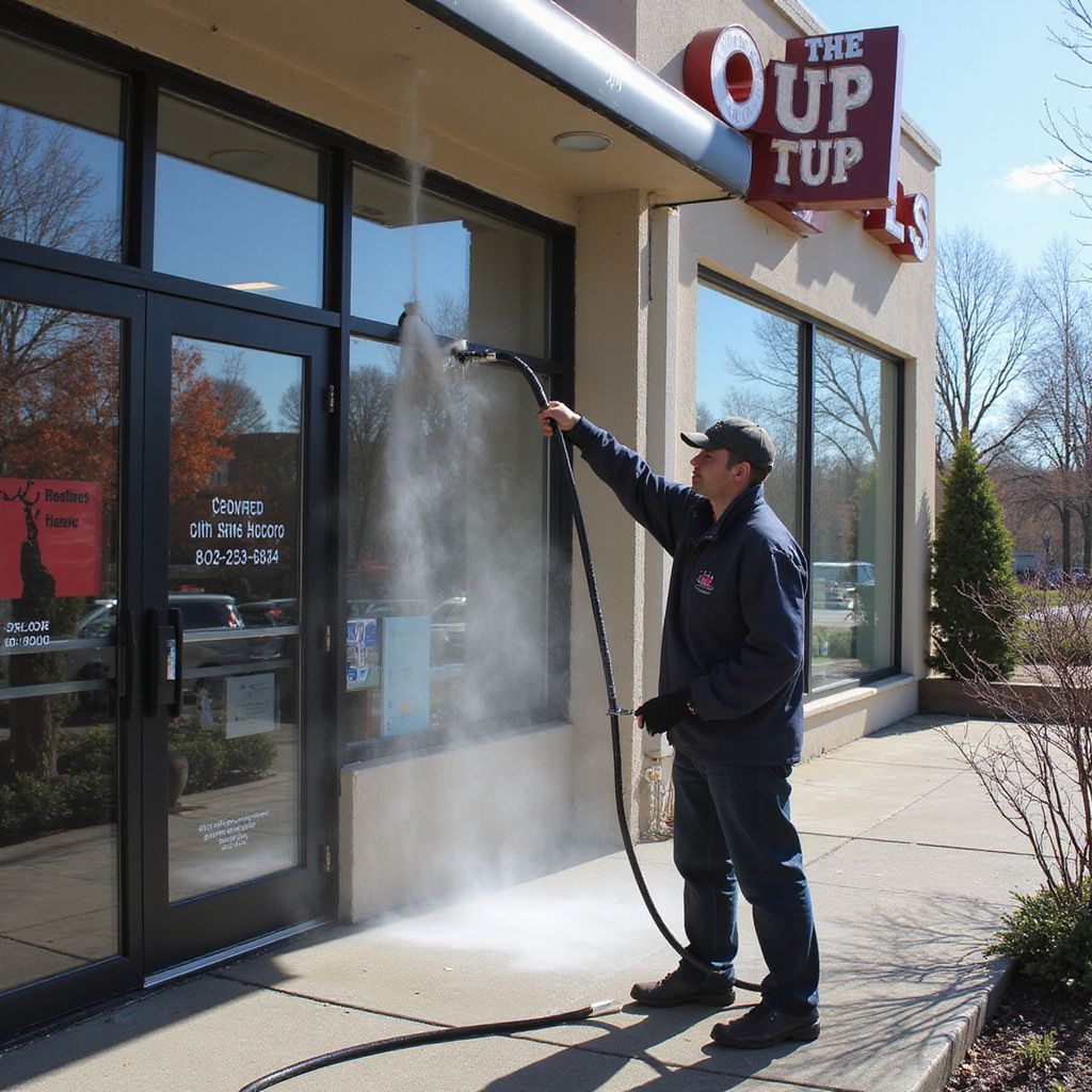 Blue-gray stone patio with red brick borders, next to a beige house wall.