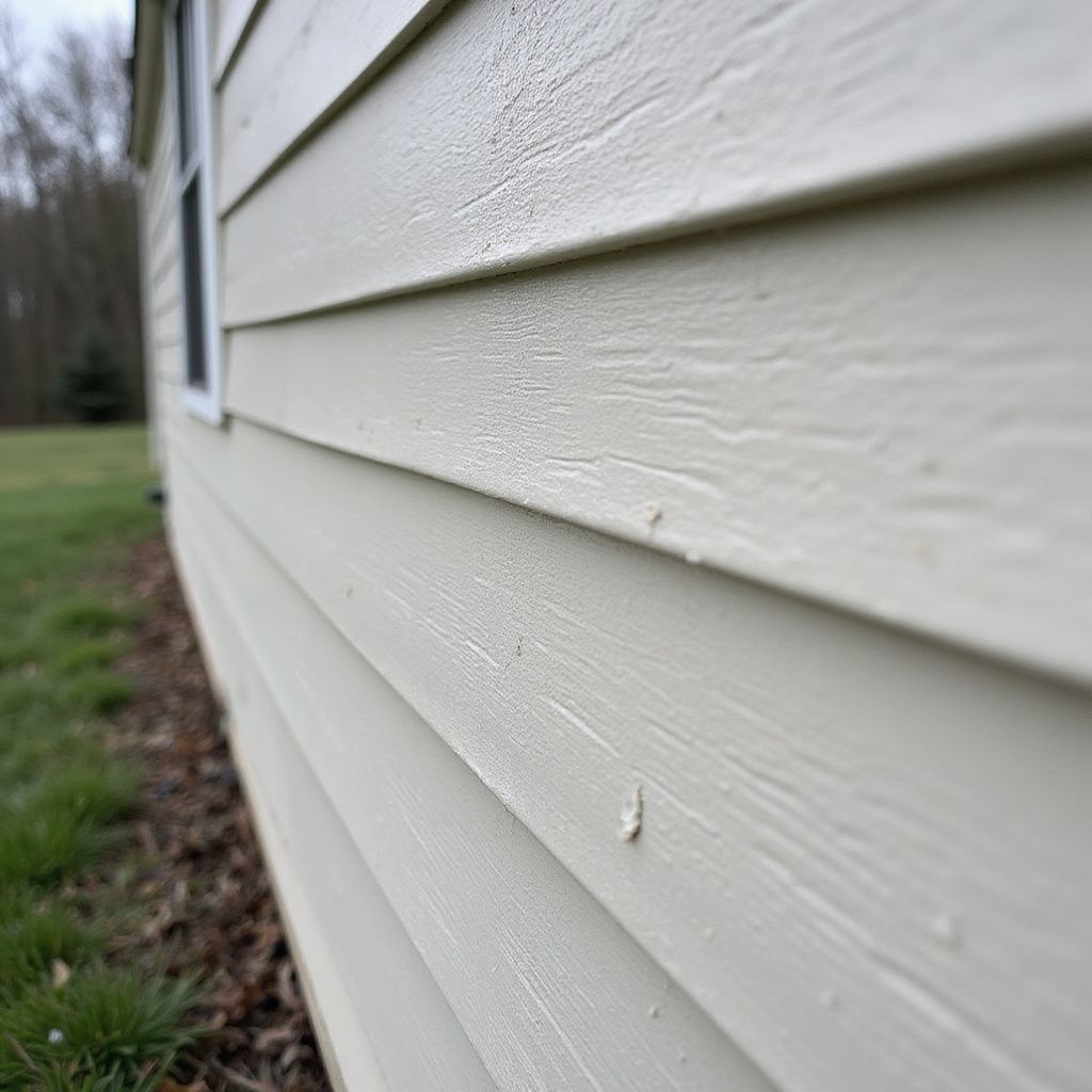 Beige siding on a house exterior, in front of a yard and trees.