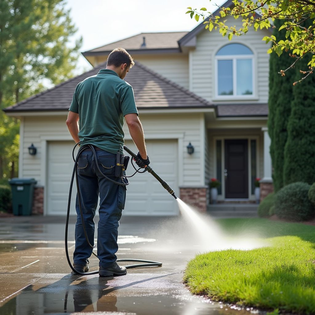 Man pressure washing a driveway near a house; water spraying onto the grass.