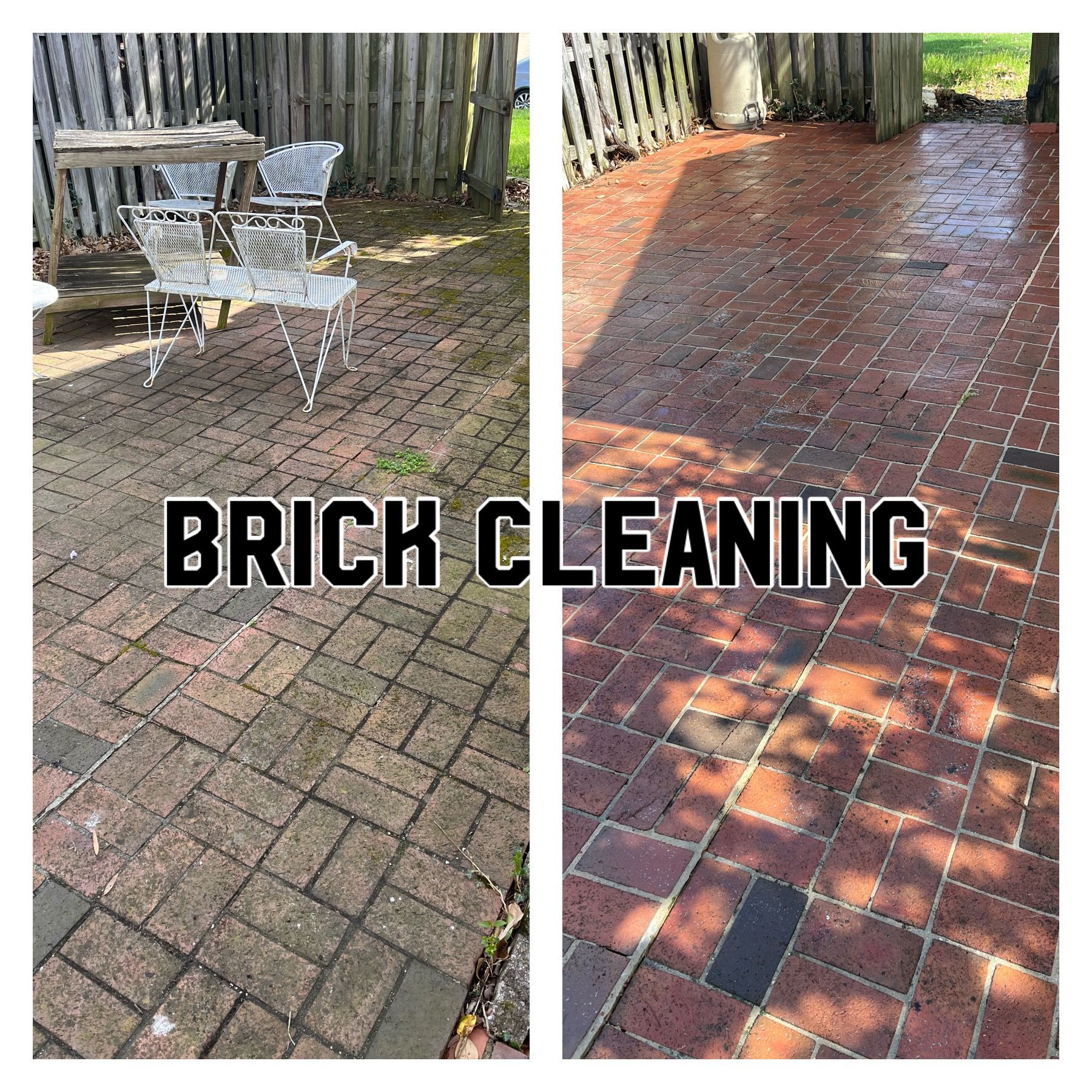 Before and after of brick patio cleaning, showing a dirty surface transformed to clean red bricks.