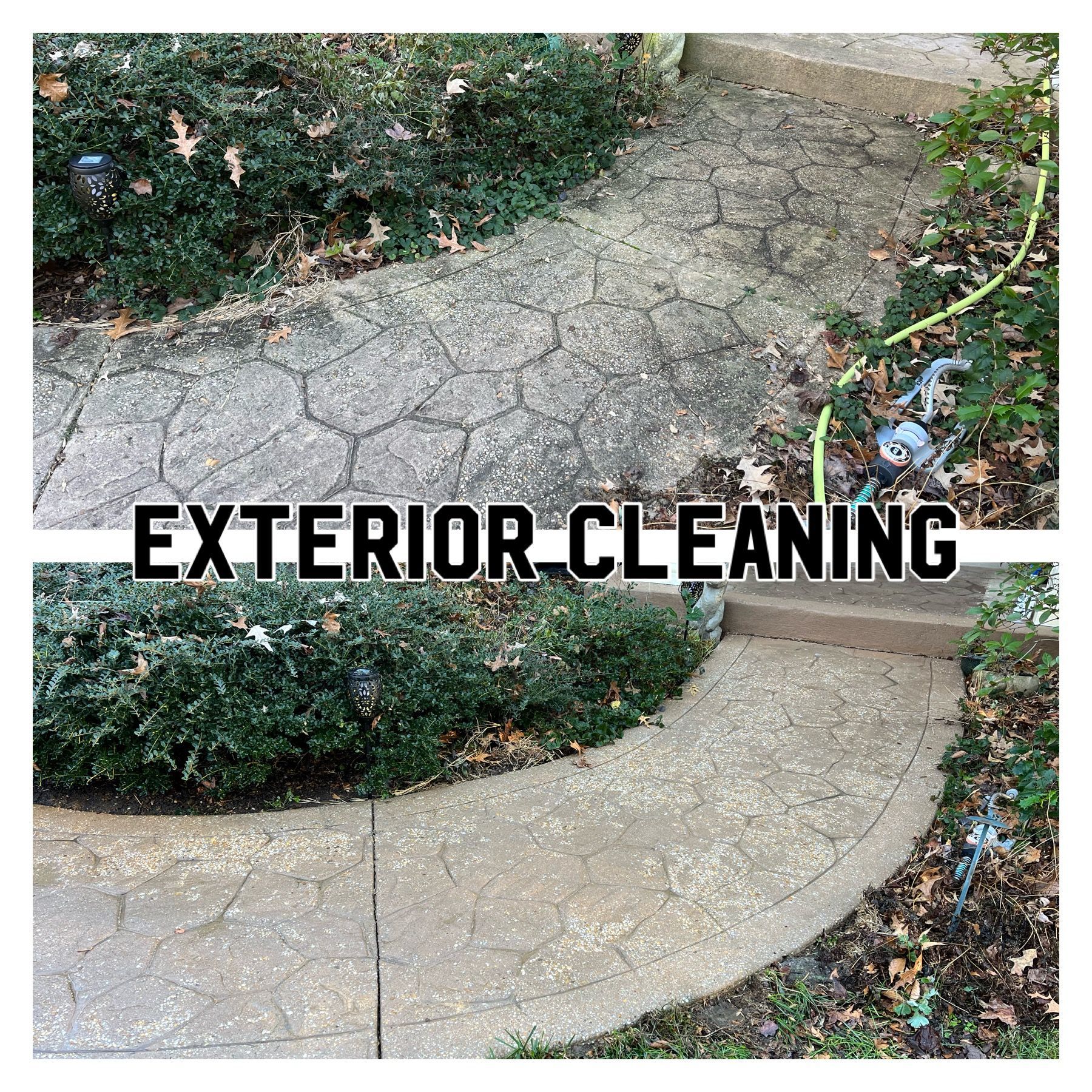 Before and after of a concrete walkway cleaned; showing dirt and debris removal by a power wash.
