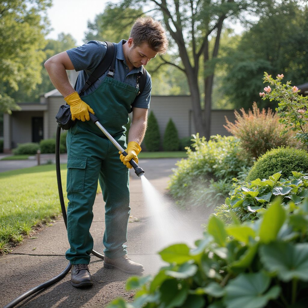 Man spraying plants with a sprayer in a garden. He wears overalls and gloves.