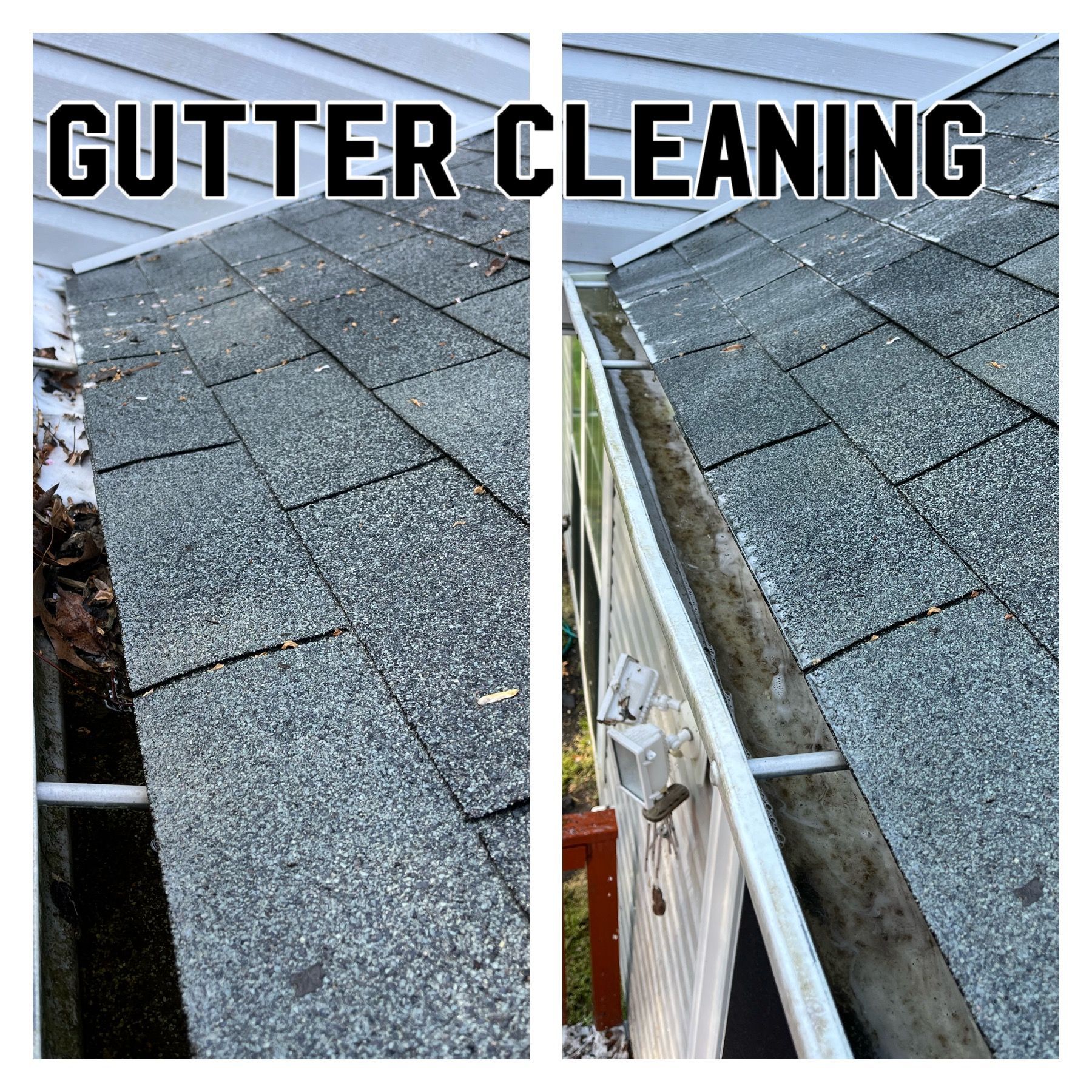 Before and after of gutter cleaning; debris-filled gutter on the left, clean gutter on the right.