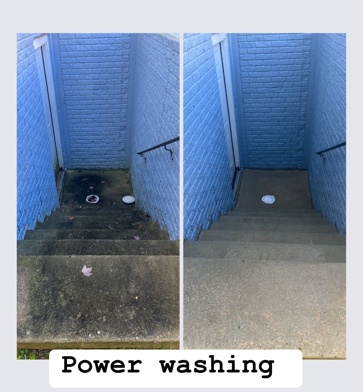 Before and after power washing of concrete stairs, revealing significant cleaning. Blue brick walls.