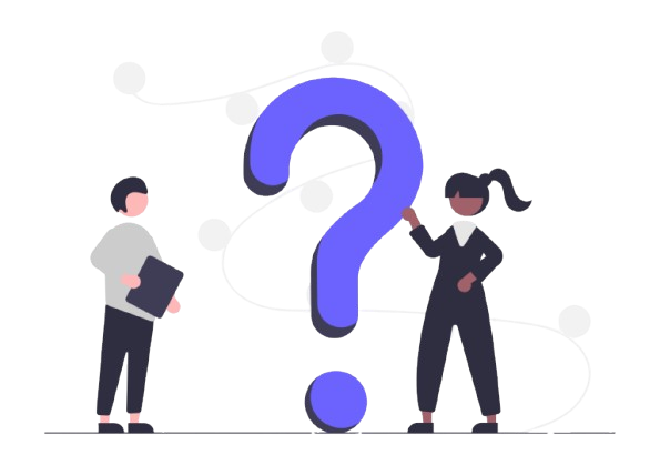 Two people looking at a large blue question mark.