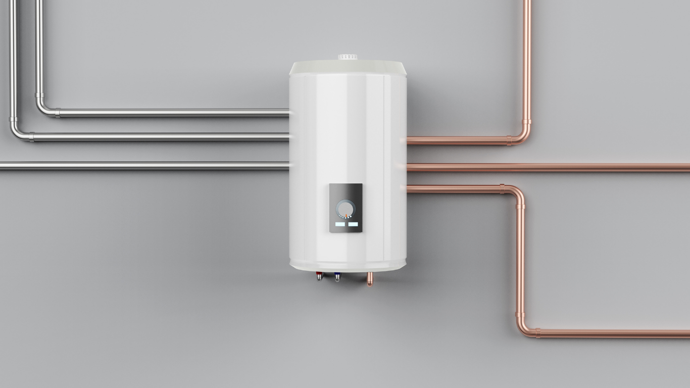 Water heater with copper and silver pipes on a gray wall.